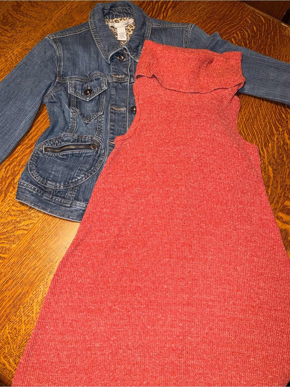 Chico's Jean Jacket and Ultra Flirt Coral Red Knit Sleeveless Turtleneck Dress